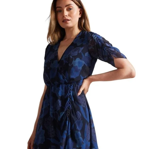 TED BAKER JULEAH RUCHED SLEEVED MINI DRESS BLUE, US SIZE 16-18 NWT - Picture 3 of 16
